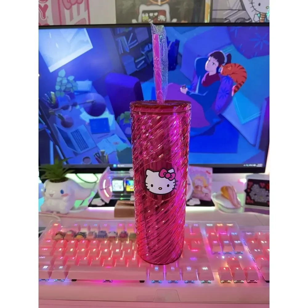 Hello Kitty Swirl Tumbler Lid Straw Shiny Metallic Spiral Plastic Pink Sanrio